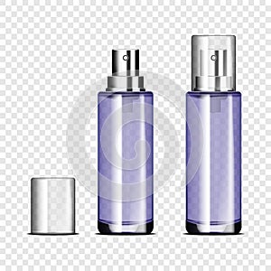 Glass spray bottle with clear cap on transparent background, vector mockup. Cosmetic product container, mock-up