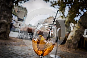 A glass of spritz aperol in restaurant in quarter Petite France, Strasbourg,