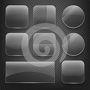 Glass square, rectangular and round buttons on checkered background. Vector icons set