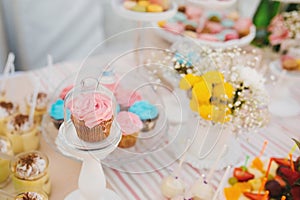 Glass stand with lid with pink cupcake next to flowers and other sweets on candy bar