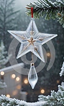 A Glass Star Orname Hanging On A Christmas Tree. Generative AI