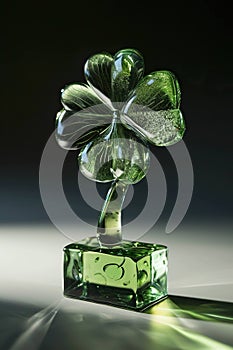 glass statuette depicting a four-leaf clover isolated on a black background