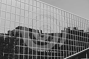 Glass and steel building facade in Winnipeg, Manitoba, Canada - black and white