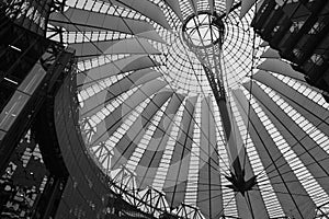 Glass and steel roof construction on the city square Potsdamer Platz in Berlin, Germany.