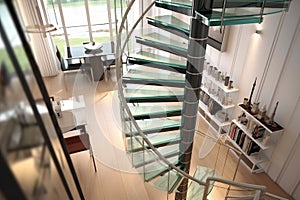 glass and steel spiral staircase, minimalist design