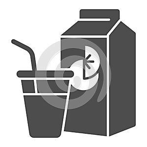 Glass with straw and juice packaging solid icon, Diet concept, Fresh organic drink sign on white background, package of