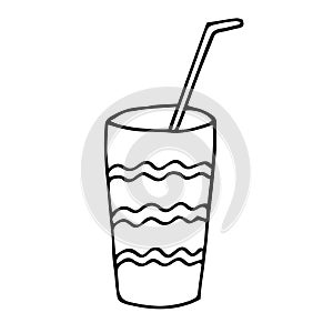 Glass with a straw vector illustration, hand drawing doodle