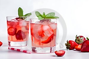 Glass of strawberry alcoholic cocktail with fresh mint. Isolated on white. AI generated