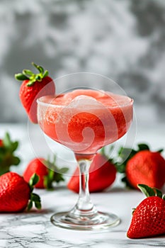 A glass of strawberry daiquiri cocktail and fresh strawberries on the table