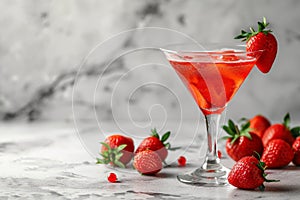 A glass of strawberry daiquiri cocktail and fresh strawberries on the table