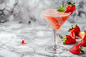 A glass of strawberry daiquiri cocktail and fresh strawberries on the table