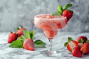 A glass of strawberry daiquiri cocktail and fresh strawberries on the table