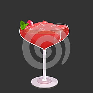 A glass of strawberry daiquiri cocktail with strawberries and mint leaves on a dark background.