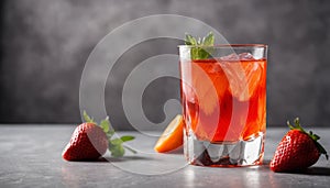 A glass of strawberry juice with a slice of orange and strawberries on the table