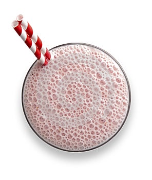 Glass of strawberry Milkshake with frothy bubbles and straws