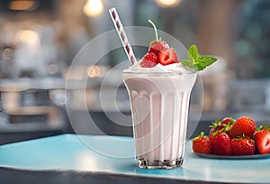 A glass of strawberry milkshake . Tasty and delicious dessert for summers. Indulgent and creamy drink Generative AI