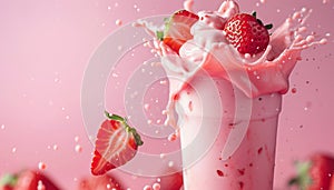 glass of strawberry smoothie or milkshake with splash and falling strawberries