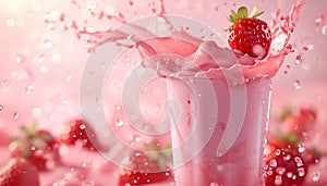 glass of strawberry smoothie or milkshake with splash and falling strawberries