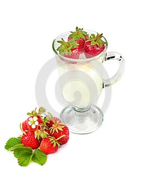 Glass with strawberry smoothie and strawberry fruit isolated on white. Collage. Vertical photo