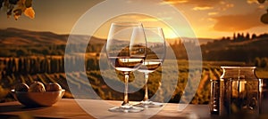 glass sunset wine drink grape winery beverage barrel bottle alcohol. Generative AI.