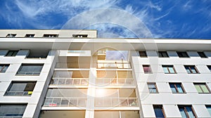 Modern apartment building. Balconies at apartment residential building. Residential architecture.