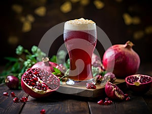 Glass of sweet dark fruit beer with pomegranate juice and foam on wooden table on dark background. Pomegranate beer close up with