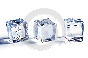 a glass table with three melting ice cubes on a white background