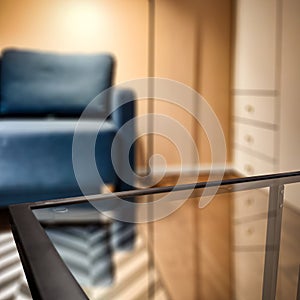 Glass table top with a blurred home interior background. Empty space background for you products and decoration.