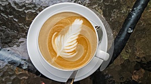 On glass table is white cup of cappuccino and latte art. Rosetta. Coffee shop and autumn. Morning coffee.