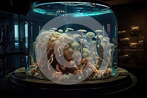 glass tank filled with jellyfish and other cnidarians, including a wheel of tentacles