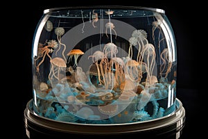 glass tank filled with jellyfish and other cnidarians, including a wheel of tentacles