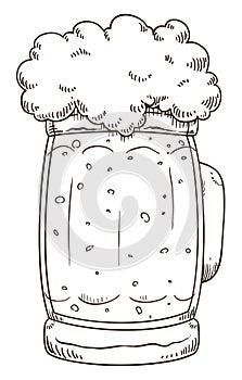 Glass tankard with bubbles and froth in hand drawn style, Vector illustration