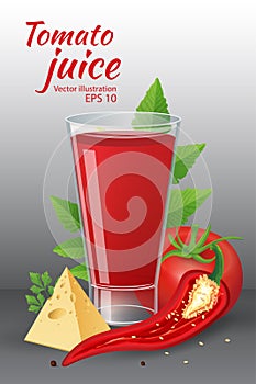 A glass of of tasty fresh tomato juice with red ripe tomatoes, green tomato leafs, cheese, hot chili pepper and parsley