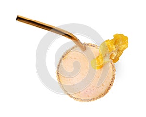 Glass of tasty pineapple cocktail with straw isolated on white, top view
