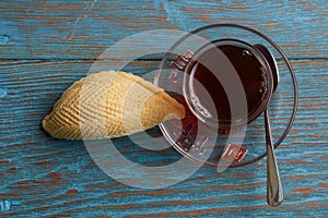 Glass of tea with Azerbaijan pastry shekerbura