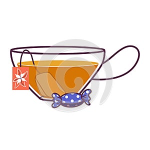 Glass tea cup with tea bag and candy. Isolated on white background. Hot drink flat and line art vector illustration