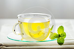 Glass tea cup mint leaves.