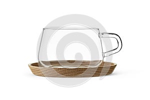 Glass tea cup and saucer for drink isolated on white background. Ceramic coffee cup or mug close up.