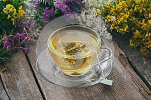 Glass tea cup with tea bag of healthy herbal tea and bunches of medicinal herbs on background.