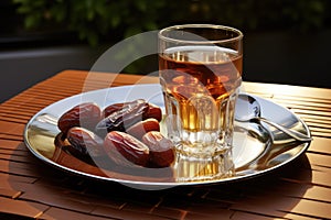 Glass of Tea and Nuts on Plate, Refreshing Beverage and a Nutty Snack, Glass of water and dry dates on saucer ready to eat for