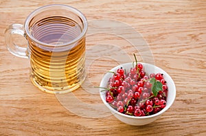 glass of tea and red currant/glass of tea and red currant on a wooden background. Top view
