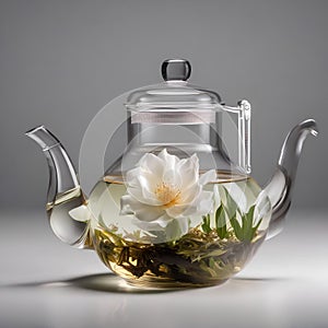 A glass teapot with blooming tea unfurling in hot water, creating an elegant display1