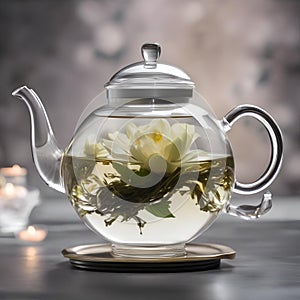 A glass teapot with blooming tea unfurling in hot water, creating an elegant display2