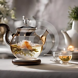 A glass teapot with blooming tea unfurling in hot water, creating an elegant display3