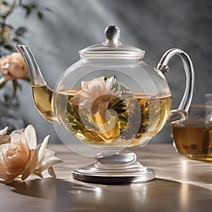 A glass teapot with blooming tea unfurling in hot water, creating a floral display1