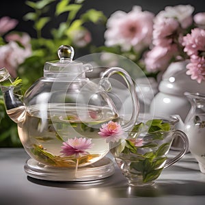 A glass teapot with blooming tea unfurling in hot water, creating a floral display2