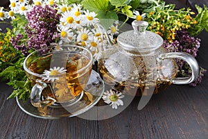 Glass teapot and cup with green tea on old wooden table with fresh herbs