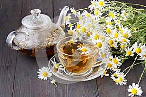 Glass teapot and cup with green tea on old wooden table with fresh herbs