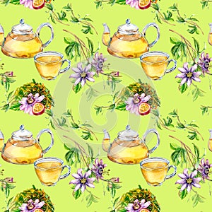 Glass teapot and cup, passion flower, stem watercolor seamless pattern isolated on green.