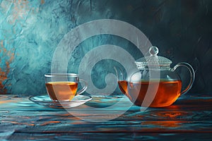 Glass teapot and cup of tea on colorful textured table